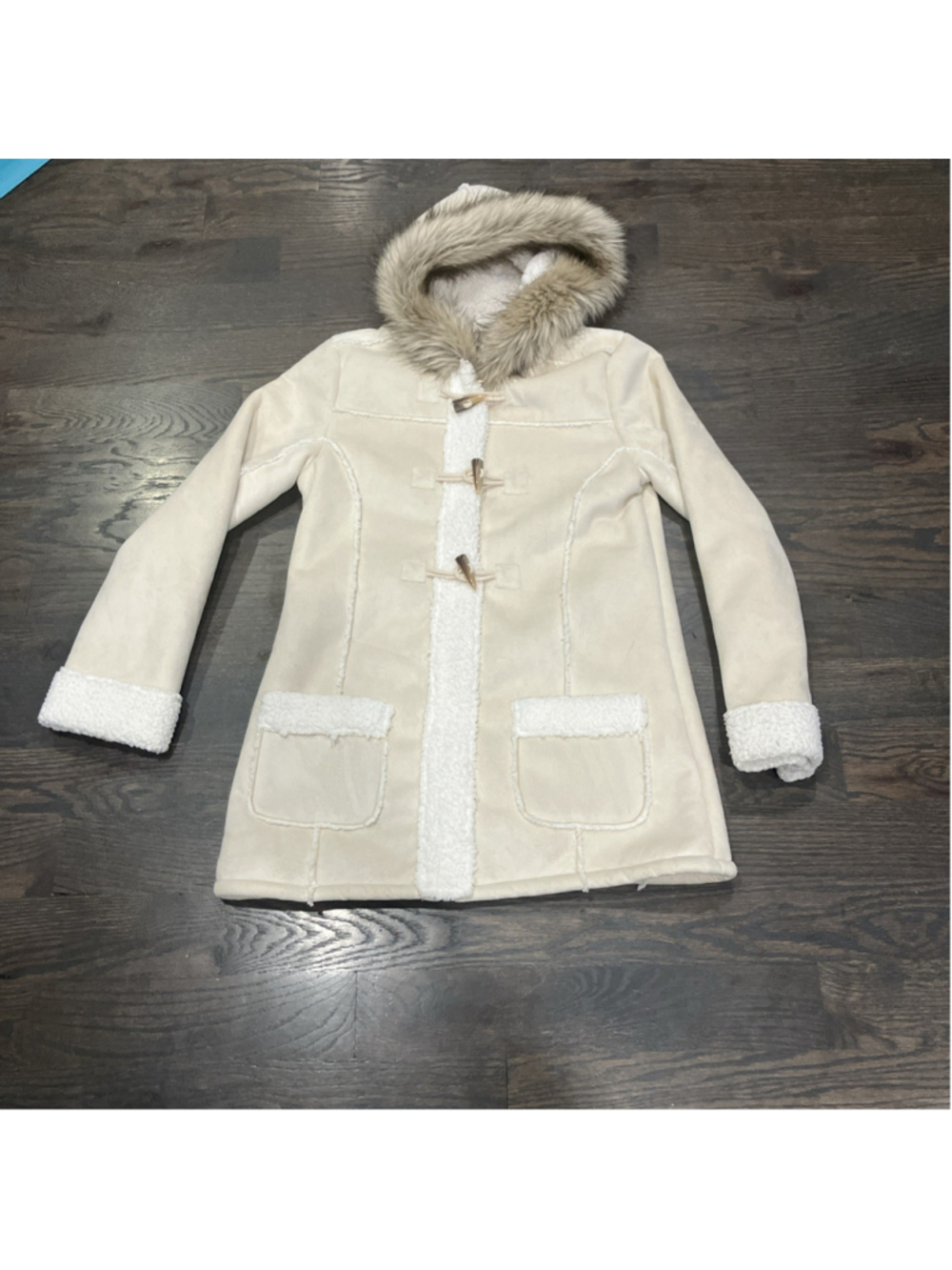 Girls VTG Y2K Coat Cream Faux Fur Hood Jacket Parka Kids XL (18)